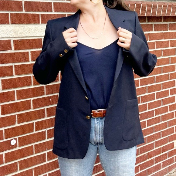 Vintage SAINT LAURENT Oversized Menβs NAVY blazer with Gold Logo buttons SZ: L - Picture 13 of 14